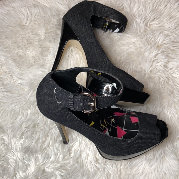 Bakers Denny Dark Denim Fabric  Platform Stilettos Ankle Strap Peep Toe Pump  7 - Picture 7 of 14
